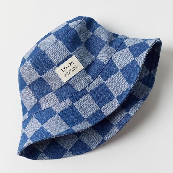 URBAN Outfitters Damier Pattern Checkered Blue Canvas Denim Bucket Hat - Picture 4 of 6